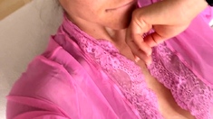 Amateur busty brunette masturbates and does hand job