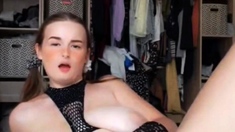 Busty curly brunette with big boobs fucks on couch