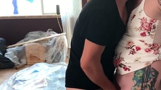 Hot brunette amateur MILF rides hubbys cock