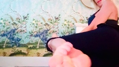 Vulva rubbing close up with blonde handling monster dildo