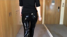 Sexy Latex Liquid Leggings With Red Stilettos Fetish