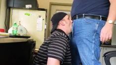 Daddy trucker dumps a quick load in Chubby Boy's mouth...